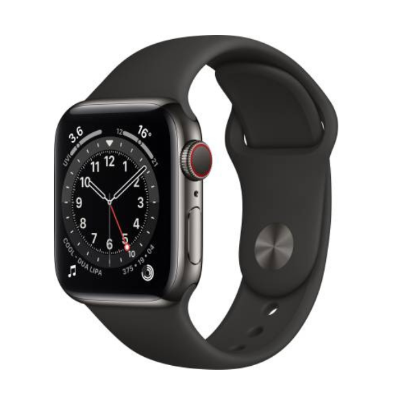 Apple Smart Watch S6 (M06X3HN/A) GPS + Cellular 40mm, Graphite Stainless Steel Case with Black Sport Band - Regular