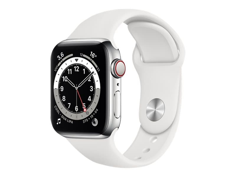 Apple Watch Series 6 (GPS + Cellular) - silver stainless steel - smart watch with sport band - white - 32 GB