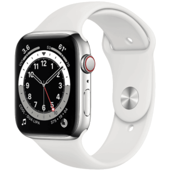 Apple Smart Watch (M09D3HN/A )S6 GPS + Cellular 44mm, Silver Stainless Steel Case with White Sport Band - Regular