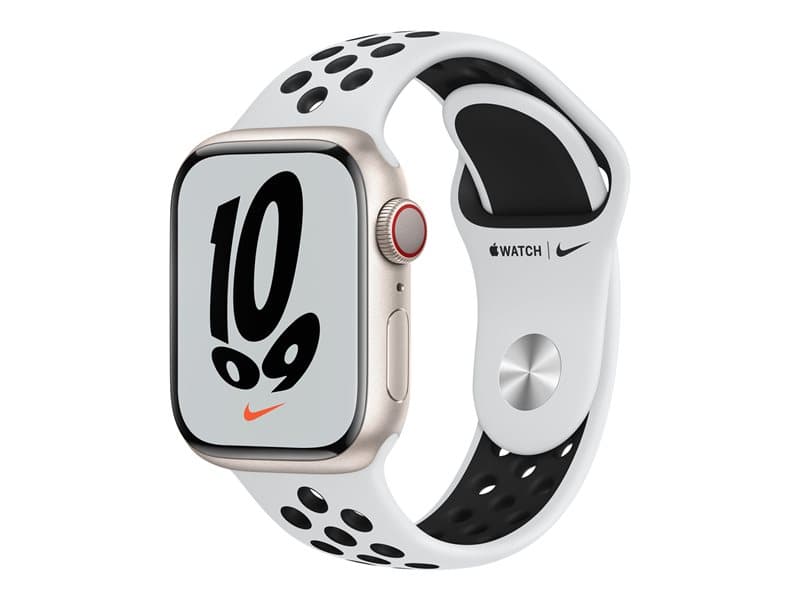 Apple Watch Nike Series 7 (GPS + Cellular), pure platinum/black starlight aluminium, 32 GB, Smart watch with Nike sport band
