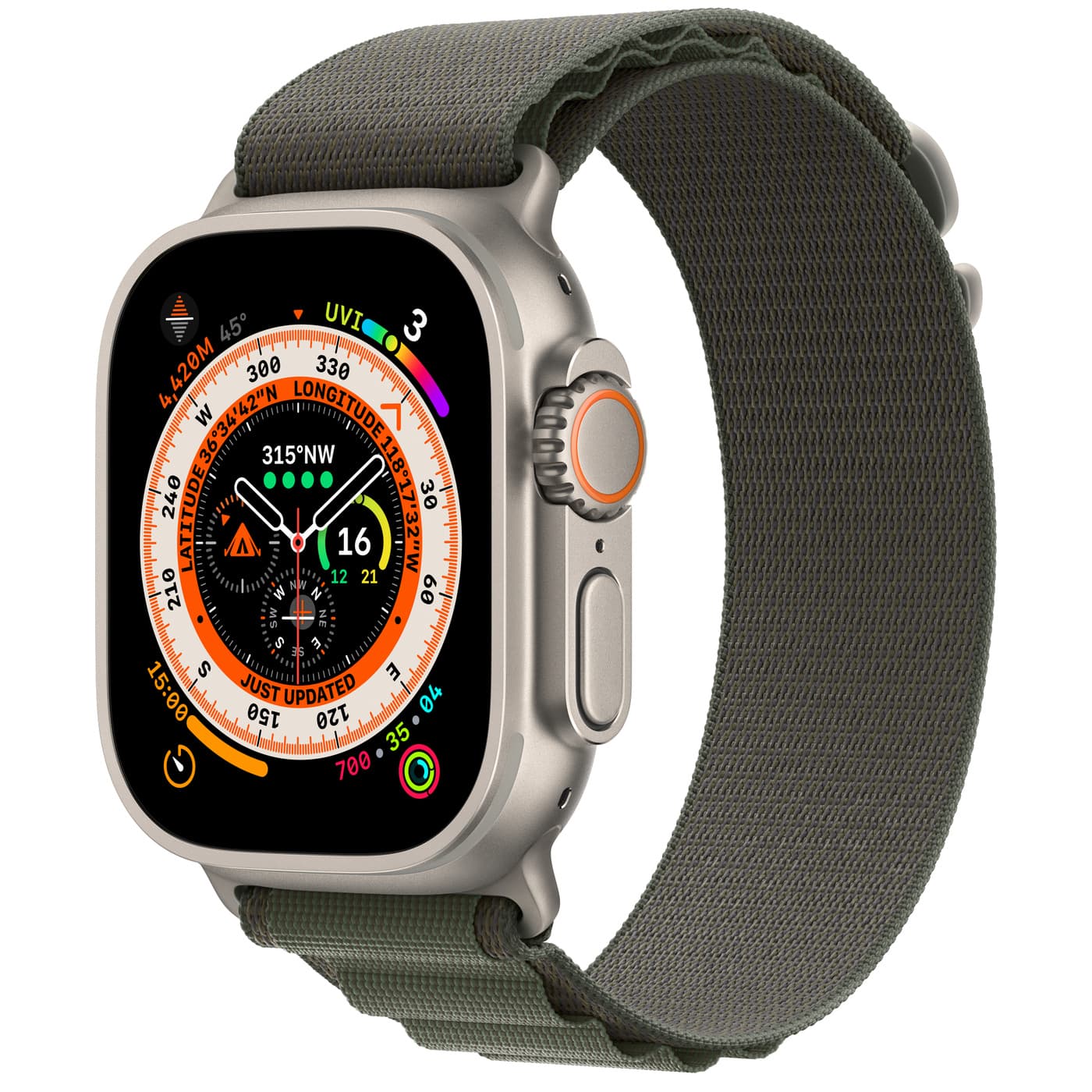 Apple (MQFN3HN/A) Watch Ultra GPS + Cellular, 49mm Titanium Case with Green Alpine Loop -Medium