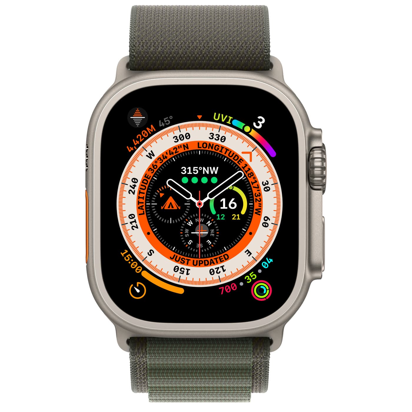 Apple (MQFN3HN/A) Watch Ultra GPS + Cellular, 49mm Titanium Case with Green Alpine Loop -Medium