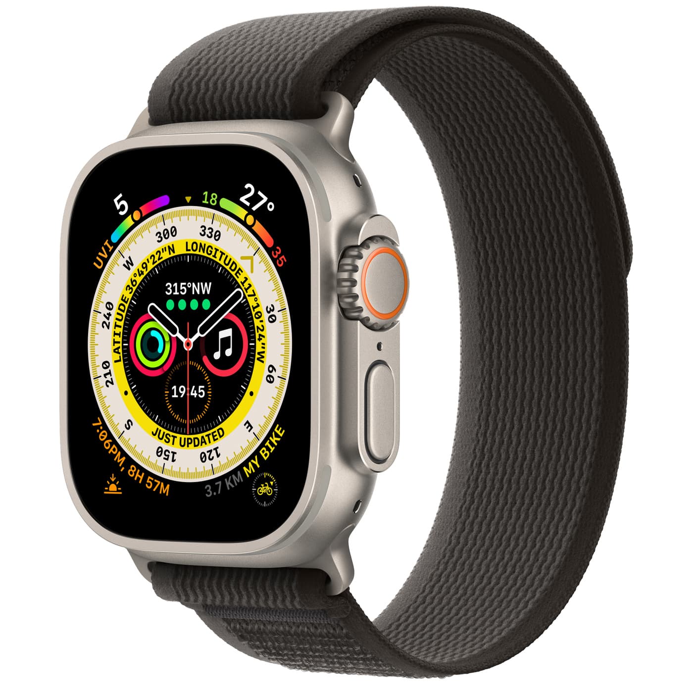 Apple (MQFX3HN/A) Watch Ultra GPS + Cellular, 49mm Titanium Case with Black/Gray Trail Loop -M/L
