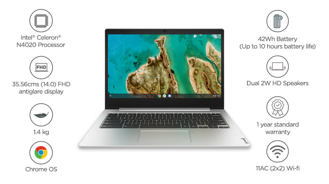 Lenovo IdeaPad Slim 3i Chromebook (82C1002SHA), Platinum Grey, Intel Celeron N4020 Processor, 35.56 cms (14) FHD, 4 GB LPDDR4, 64 GB, 1.4 Kgs, Chrome OS