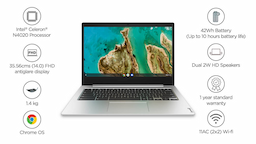 Lenovo IdeaPad Slim 3i Chromebook (82C1002SHA), Platinum Grey, Intel Celeron N4020 Processor, 35.56 cms (14) FHD, 4 GB LPDDR4, 64 GB, 1.4 Kgs, Chrome OS