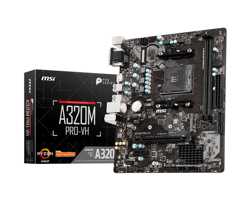 MSI Motherboard ( A320M PRO-VH) AMD A320 Chipset, 1x M.2 Gen3 x4 slot, 4x SATA 6Gb/s ports
