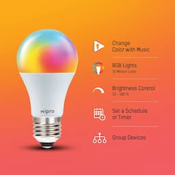 Wipro Garnet 9 Watts B22, NS9500, Wi-Fi Smart LED Bulb with 16 million Colors, Music Sync, Amazon Alexa and Google Assistant