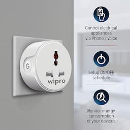 Wipro 10Amp Wi-Fi Smart Plug M (DSP1100), Energy monitoring- Suitable for small appliances, TVs, Electric Kettle, Mobile and Laptop Chargers, Compatible with Alexa and Google Assistant.