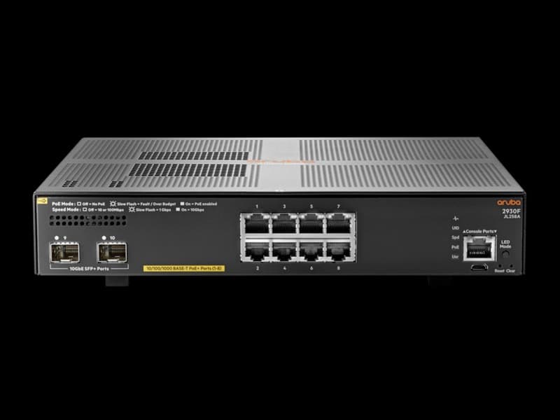 HPE Aruba JL258A 2930F 8G PoE+ 2SFP+ Switch, 90 - 264 VAC