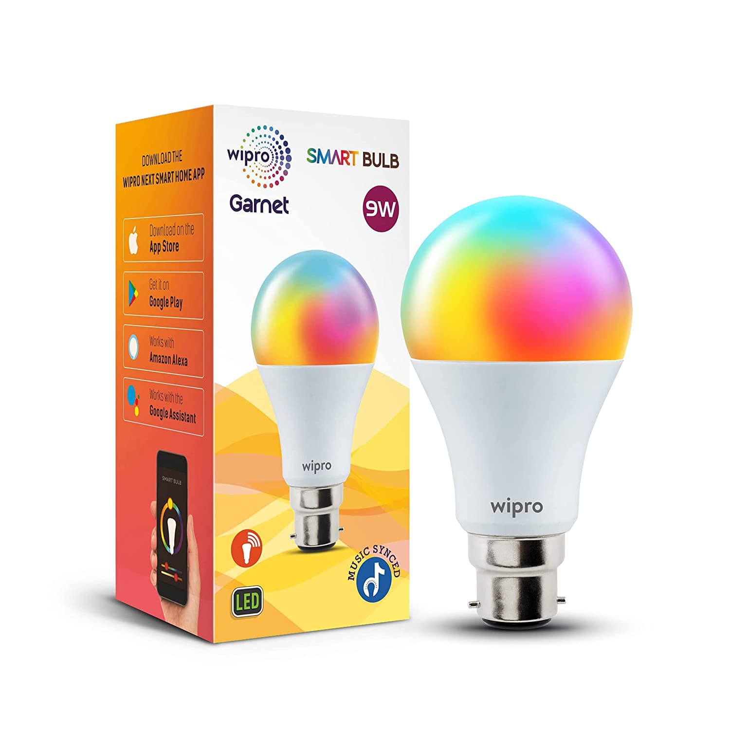 Wipro 9 Watts B22, NS9400, Wi-Fi Smart LED Bulb with 16 million Colors, Music Sync, Amazon Alexa and Google Assistant