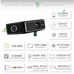 Egate EO9023 O9 Zen Projector, 1st with Auto Physical Elevate + Digital Offset, FHD 1080p Native Resolution, 570 ANSI Lumens, 250 inch (635cm) Display, Auto (Focus + Keystone + Elevate), 2GB-32GB, Wi-Fi BT, AOSP Android 9, Pre-Installed OTT Apps