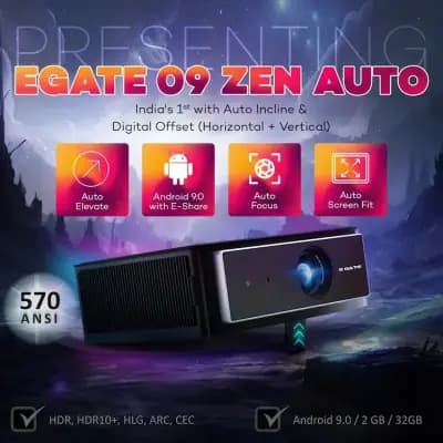 Egate EO9023 O9 Zen Projector, 1st with Auto Physical Elevate + Digital Offset, FHD 1080p Native Resolution, 570 ANSI Lumens, 250 inch (635cm) Display, Auto (Focus + Keystone + Elevate), 2GB-32GB, Wi-Fi BT, AOSP Android 9, Pre-Installed OTT Apps