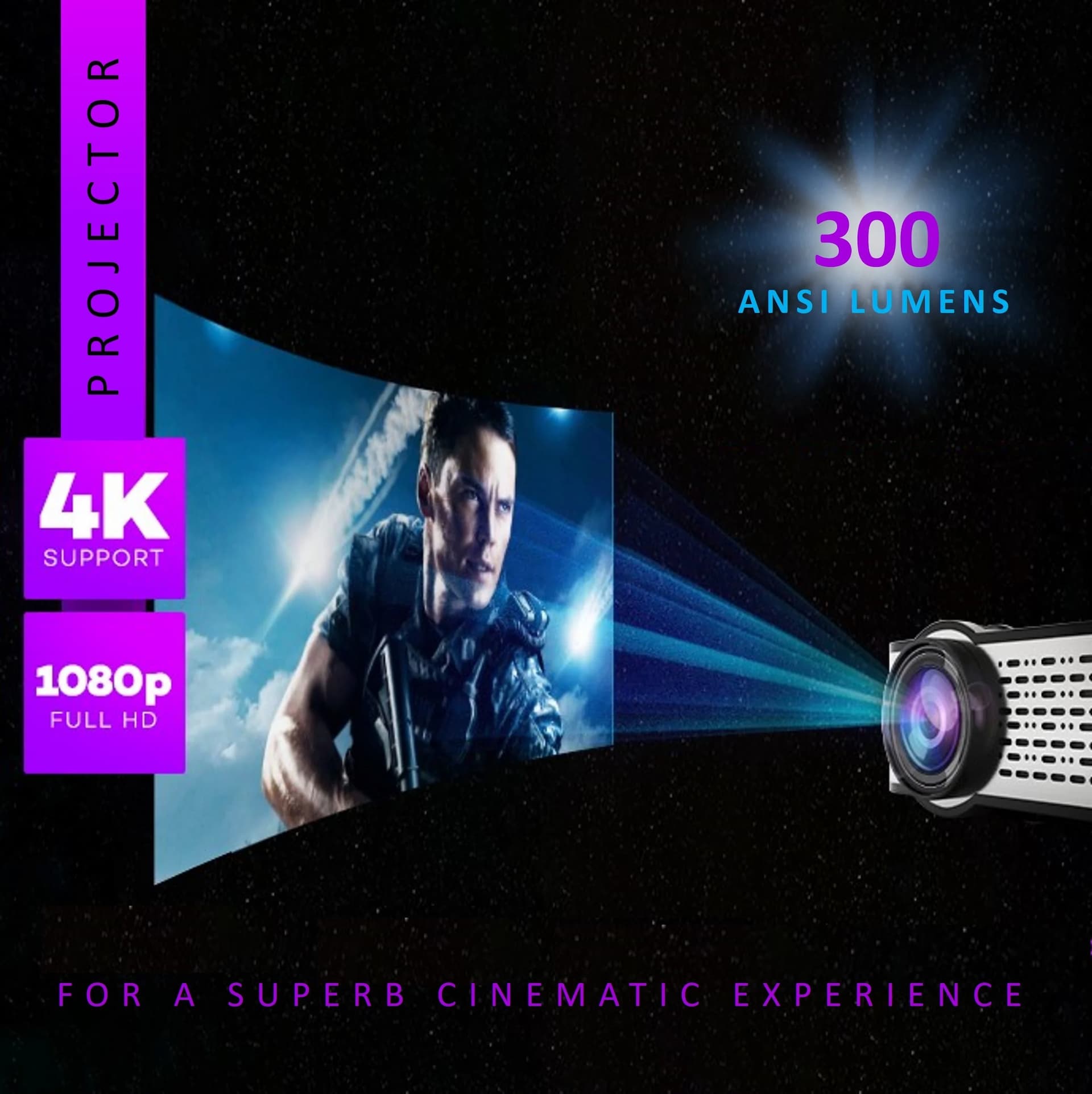 Egate E03I31 I9 Pro-Max With Bluetooth, FHD 1080p Native Resolution, 300 ANSI Lumens, 210 inch (533cm) Display, Manual (Focus + Keystone), Projector