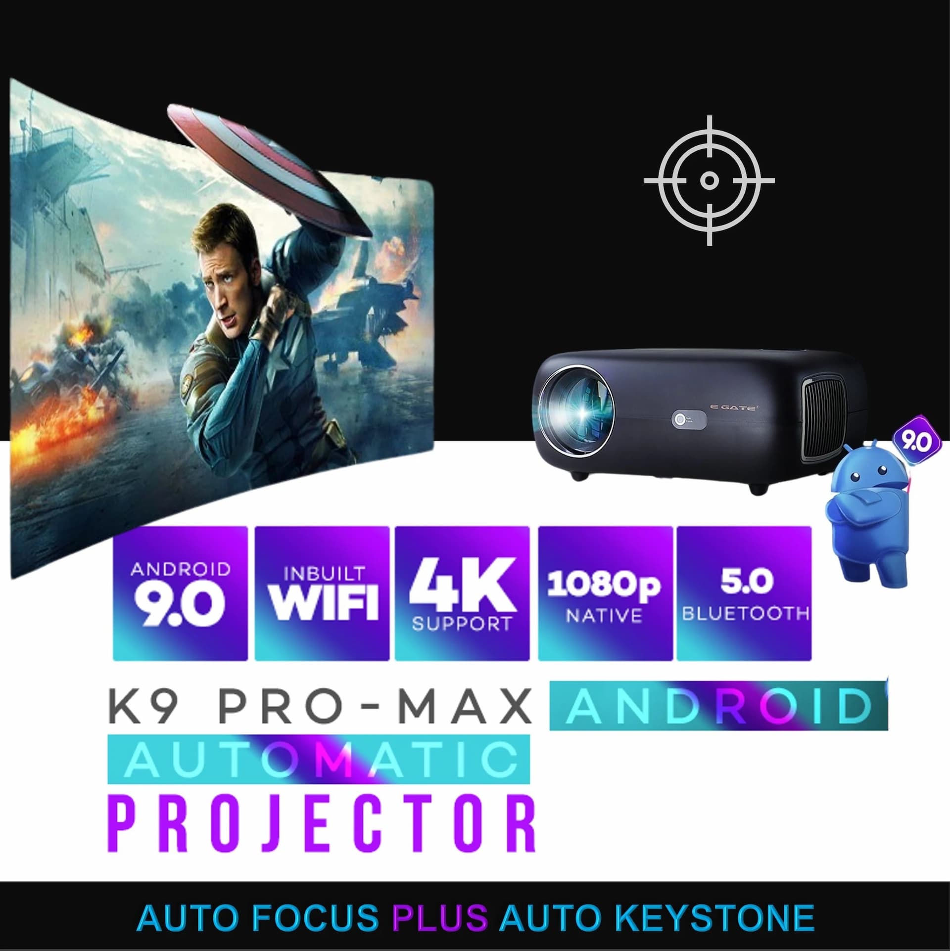 Egate E08i33 K9 Pro-Max Automat, FHD 1080p Native Resolution, 400 ANSI Lumens, 210 inch 533cm Display, Auto Focus + Keystone, 1GB-8GB, Wi-Fi BT, AOSP Android 9, Projector