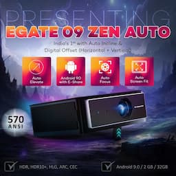 Egate EO9023 O9 Zen Projector, 1st with Auto Physical Elevate + Digital Offset, FHD 1080p Native Resolution, 570 ANSI Lumens, 250 inch (635cm) Display, Auto (Focus + Keystone + Elevate), 2GB-32GB, Wi-Fi BT, AOSP Android 9, Pre-Installed OTT Apps