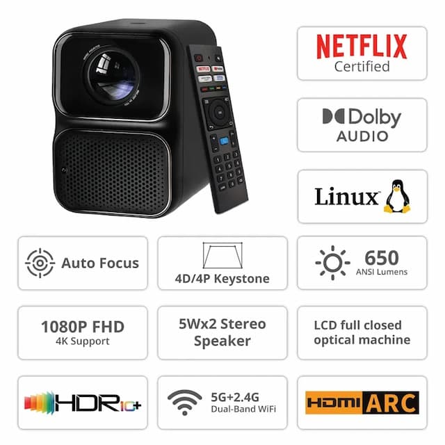 Wanbo TT LCD Portable Projector, 650 ANSI Lumens, 1080P Native Resolution, Black