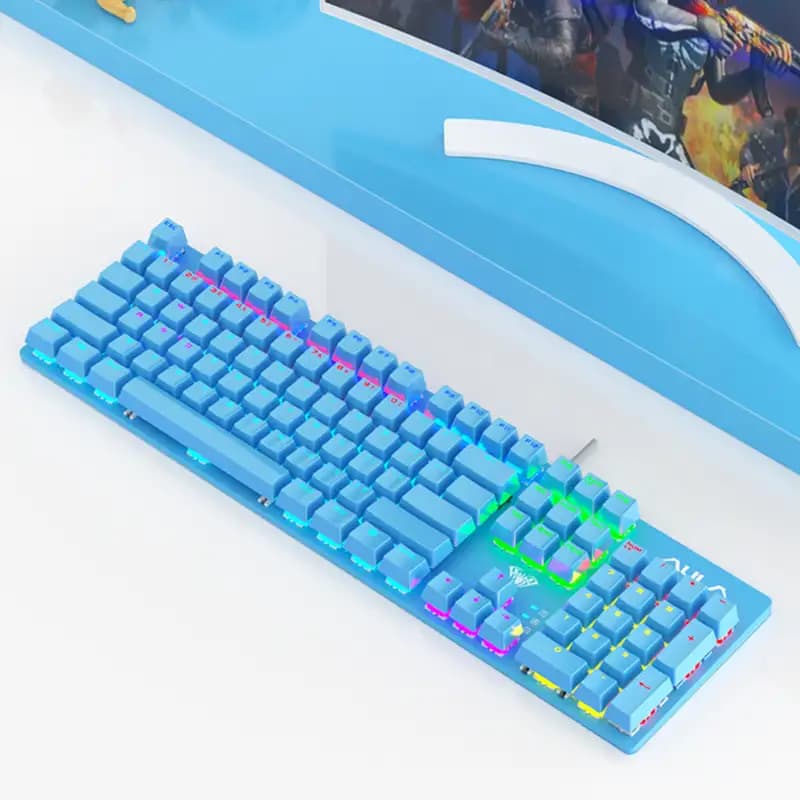 AULA S2022 Rainbow LED Backlit Mechanical Wired Gaming Keyboard with Num Lock Keys for Windows PC and 4 Kinds of Rainbow Backlight Gaming Keyboard, Blue