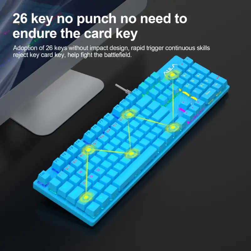 AULA S2022 Rainbow LED Backlit Mechanical Wired Gaming Keyboard with Num Lock Keys for Windows PC and 4 Kinds of Rainbow Backlight Gaming Keyboard, Blue