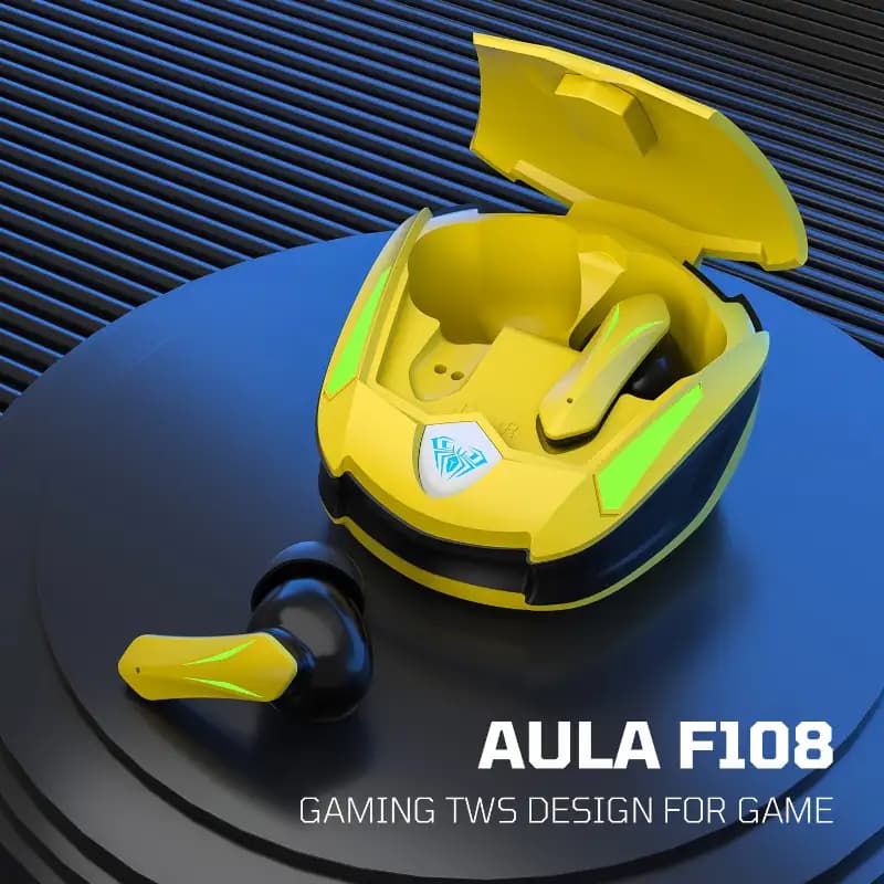 AULA F108 Gaming Truly Wireless in Ear Earbuds with LED Battery Indicator 40ms Low Latency, 30Hrs Playtime, HiFi Stereo, Bluetooth 5.3 and for Best Calling and Designed for Comfort Gaming, Yellow