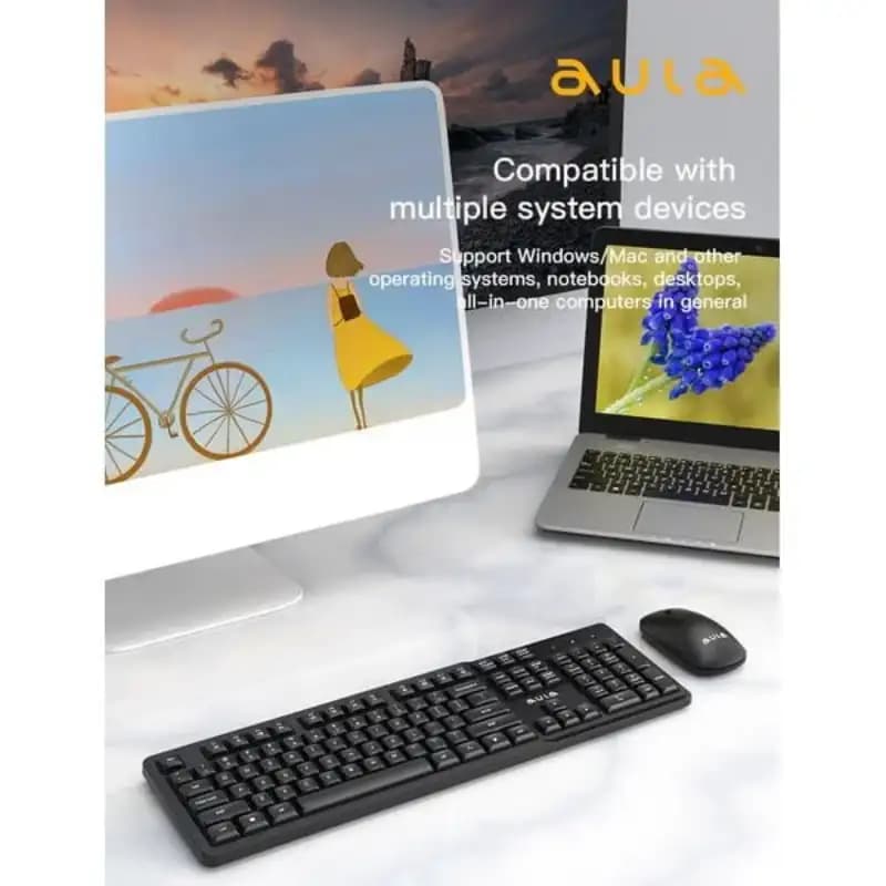 Aula AC202B Wireless Keyboard & Mouse Combo, Ambidextrous 1600 DPI Mouse Optical Sensor, Upto 3M clicks, Ultra Slim Keyboard, 2.4 GHz Wireless Nano USB, Upto 1yr Battery Life, Black