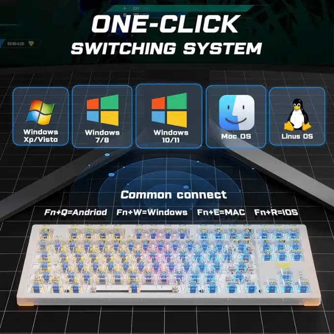 Aula F2183 Mechanical Type-C wired & 2.4G wireless & Bluetooth Gaming Keyboard, Hot Swappable RGB Switch Lightning Effect, White