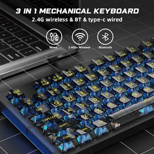 Aula F2183 Mechanical Type-C wired & 2.4G wireless & Bluetooth Gaming Keyboard, Hot Swappable RGB Switch Lightning Effect, Black