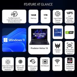 Acer Predator Helios 16 NH.QNXSI.003, 14th Gen Intel Core i9 Processor Laptop, Windows 11 Home, 16 GB, 1 TB SSD, NVIDIA GeForce RTX 4070) PH16-72, WQXGA LED Backlit IPS Display with 240 Hz, 500 Nits High-Brightness, Abyssal Black, 2.65 KG