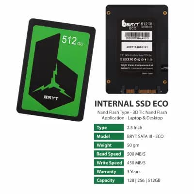 BRYT BR-5001-27 Eco SSD SATA III- 2.5 Inch 512 GB Desktop, Laptop Internal Solid State Drive SSD Read Speed up to 500 MB/s & Write Speed up to 450 MB/s Interface: SATA III, Form Factor: 2.5 Inch