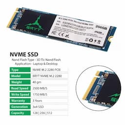 BRYT BR-5001-46 PCIe NVMe Gen 3x4 SSD 256 GB Desktop, Laptop Internal Solid State Drive (SSD) (Read Speed up to 1800 MB/s & Write Speed up to 900 MB/s)(Interface: PCIe NVMe, Form Factor: M.2)