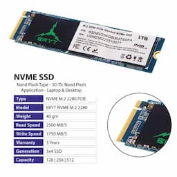 BRYT BR-5001-02 PCIe NVMe Gen 3x4 SSD 1TB Desktop, Laptop Internal Solid State Drive (SSD) (Read Speed up to 1800 MB/s & Write Speed up to 900 MB/s)(Interface: PCIe NVMe, Form Factor: M.2)
