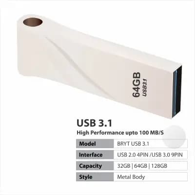 BRYT BR-5001-40 Metal Body Flash Drive USB 3.1 High-Speed Type A Pendrive With 3 Years Warranty 64 GB Pen Drive(Silver)