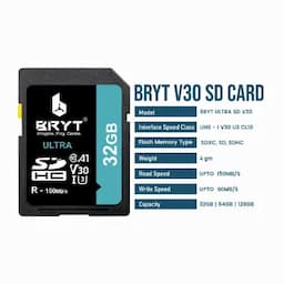 BRYT BR-5001-57 Ultra SDHC UHS-I U3 A2 V30 32GB Card for 4K Video for DSLR Cameras 150MB/s Read & 90MB/s Write SD Card