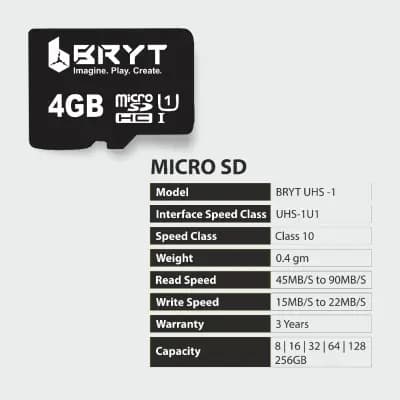 BRYT BR-5001-16 UHS-1 High Capacity Micro SD Card 4 GB MicroSDHC Class 10 90 MB/s Memory Card
