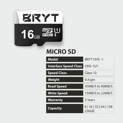 BRYT BR-5001-18UHS-1 High Capacity Micro SD Card 16 GB MicroSDHC Class 10 90 MB/s Memory Card