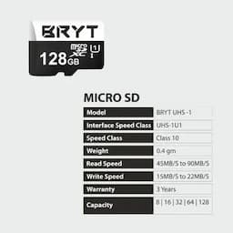BRYT BR-5001-21 UHS-1 High Capacity Micro SD Card 128 GB MicroSDHC Class 10 90 MB/s Memory Card