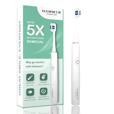 Hammer Flow 2.0 Electric Toothbrush and 2 Replaceable Brush Heads for Men and Women, White