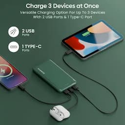 Hammer Ultra Charge 10000mAh Power Bank with 3 Output, 2 Input Ports Type-C/PD, Micro USB, Green