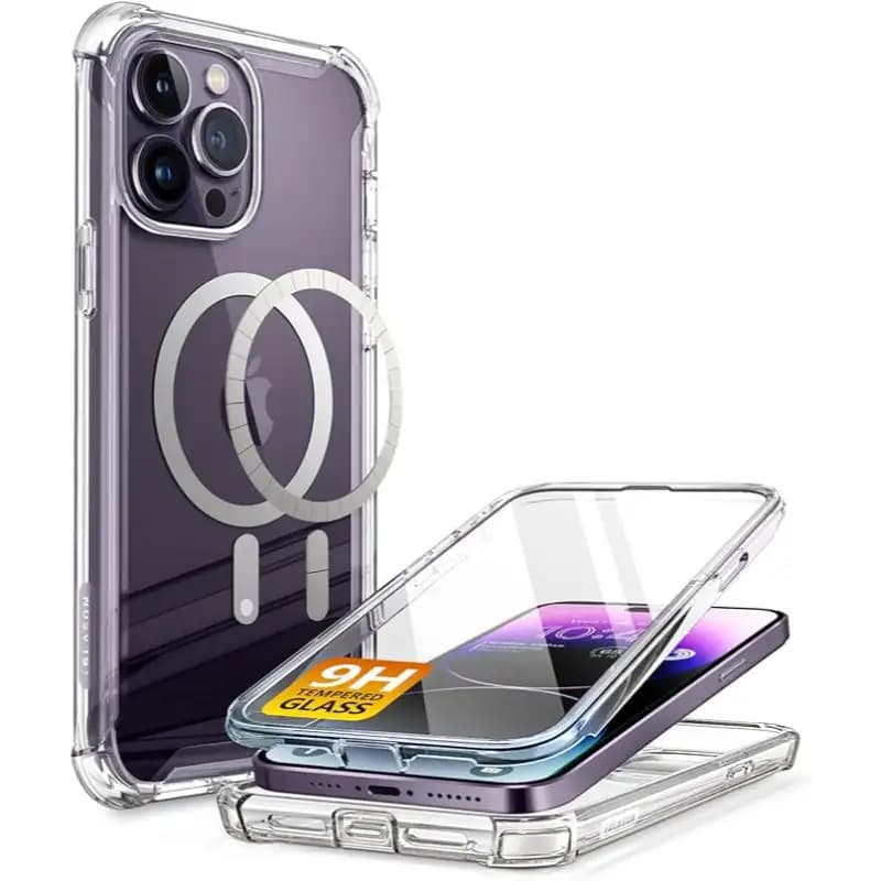 i-Blason Ares Designed for iPhone 14 Pro Case Compatible with MagSafe 6.1 inch (2022), Dual Layer Rugged Clear Bumper Case with Built-in Tempered Glass Screen Protector - Clear MagSafe+Glass, Clear