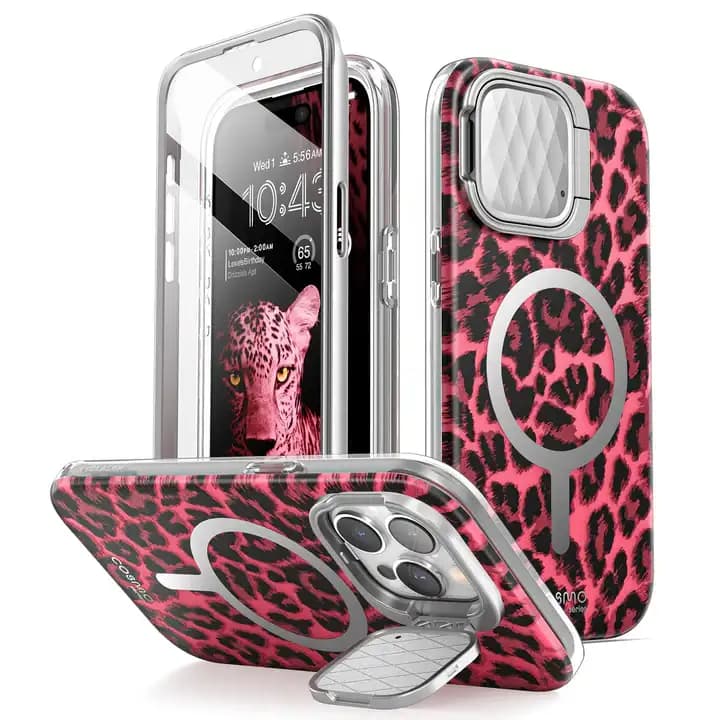 i-Blason Cosmo Series Case for iPhone 15/14//13, 6.1 Inch, with built-in Screen Protector&Magsafe Compatible&Camera Cover,Black Leopoard