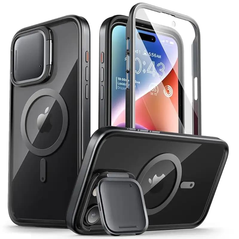 i-Blason Shield Mag for iPhone 15 Pro Max Case with Camera Cover, Compatible with MagSafe Full Body Rugged Case with Built-in Kickstand,Black