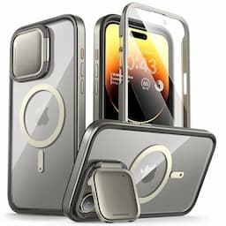 i-Blason Shield Mag for iPhone 15 Pro Max Case with Camera Cover, Compatible with MagSafe Full Body Rugged Case with Built-in Kickstand,Titanium Gray