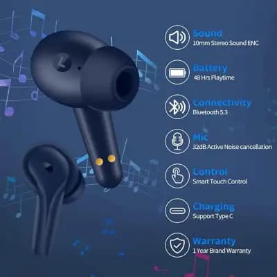 IKODOO Buds X ANC in-Ear Earbuds with Mic, AI-ENC, Upto 24 Hrs Playtime, 10mm Bass Drivers, Bluetooth 5.3, Voice Command, IPX4, Type-C, Fast Charging-(10 Min = 90 Min), Blue