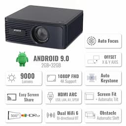 WZATCO Alpha X Projector, 9000 Lumens, 1080P Resolution, 4K HDR And HLG Content, HDMI ARC, Wifi-6, BT, 2GB RAM, Quad Core CPU, Black