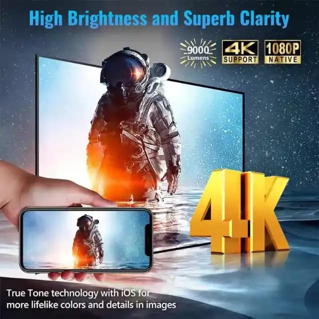 WZATCO Alpha X Projector, 9000 Lumens, 1080P Resolution, 4K HDR And HLG Content, HDMI ARC, Wifi-6, BT, 2GB RAM, Quad Core CPU, Black