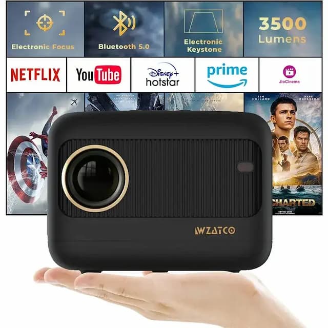 WZATCO Eve, Portable 720P Native Projector for Home, 1080P Full HD Support, 3500 lumens (350 ANSI), Electronic Focus, Bluetooth 5.0, 5W HiFi Speaker, 176" Screen, Compatible with 4K TV Stick, Black