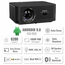 WZATCO Neo, Fully Automatic, Full HD Native 1080P, 4K HDR Android Projector for Home, 8200 Lumens, (Auto Focus + Auto Keystone), HDMI ARC, Dual WiFi & BT, YouTube, Netflix, Prime & More | Yuva Series