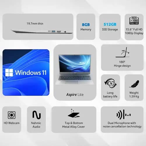 Acer UN.431SI.341 Aspire Lite 12th Gen Intel Core i3-1215U Processor Laptop Windows 11 Home, 8 GB RAM, 512 GB SSD, AL15-52 with (15.6") Full HD Laptop, Steel Gray