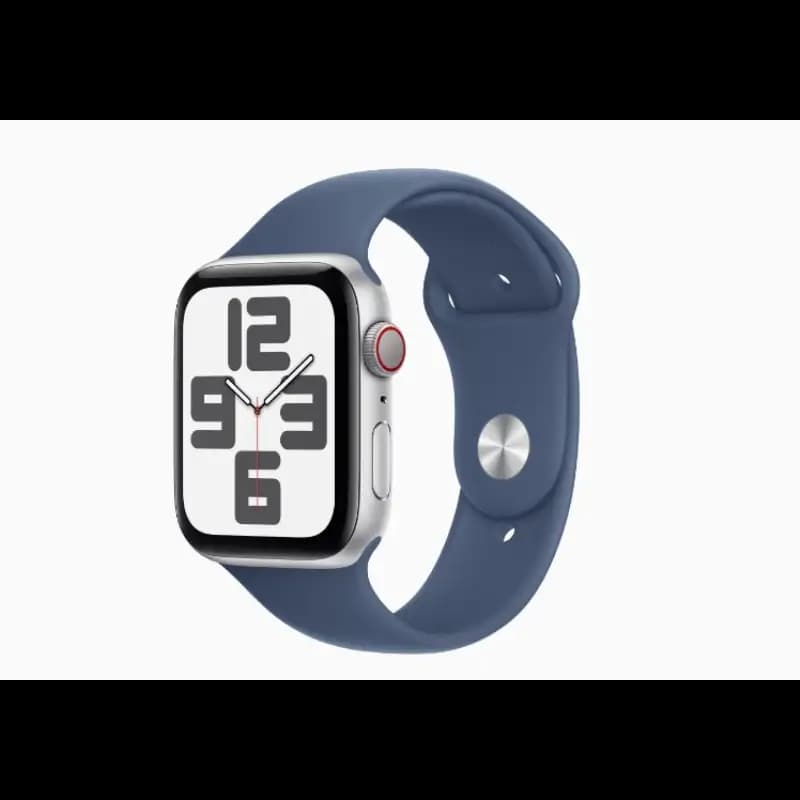 Apple Watch SE MXEQ3HN and A 44mm GPS, Silver Aluminium Case, Denim Sport Band, watchOS 11, S and M
