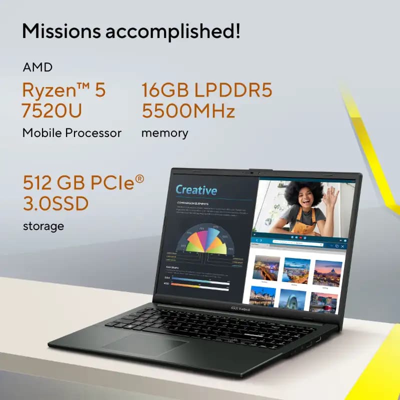 Asus E1504FA-NJ549WS Vivobook Go 15 OLED, AMD Ryzen 5, 16 GB RAM, 512 GB Storage, Black, 1 year warranty, Laptop
