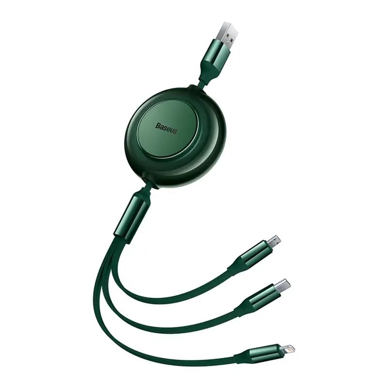 Baseus CAMJ010006 Bright Mirror 2 Series Retractable 3-In-1 Fast Charging Data Cable USB To M+L+C 3.5A 1.1m, Green